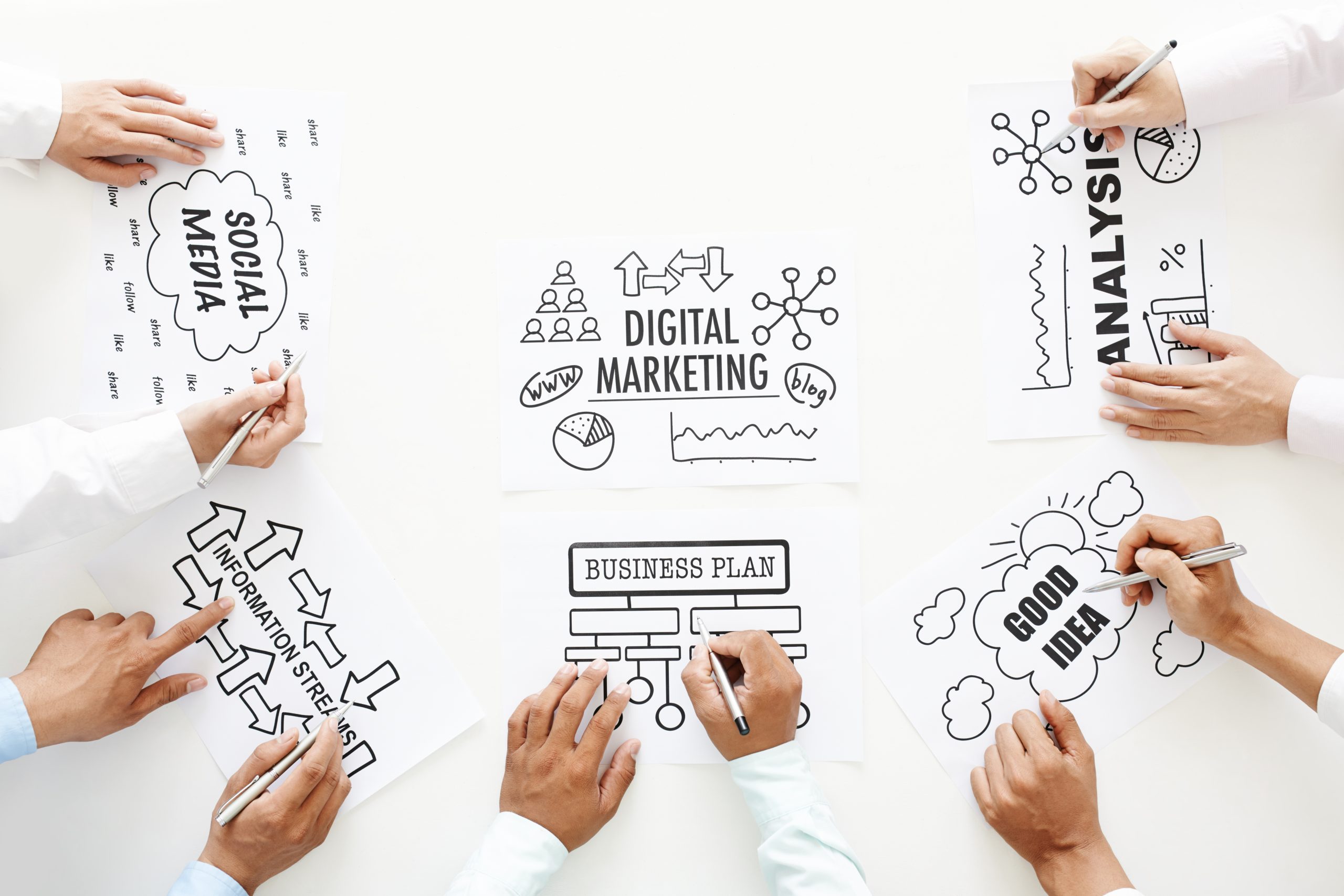 Business people analyzing steps of digital marketing plan